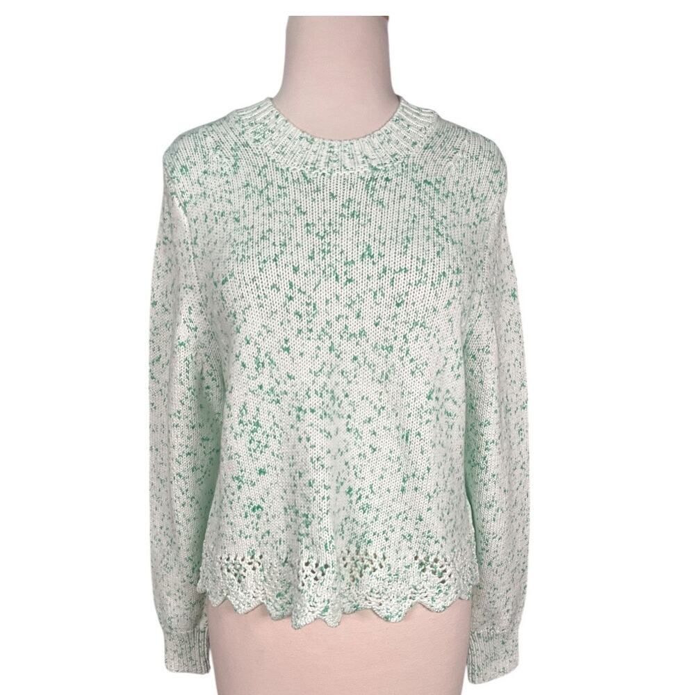 French Connection Mint Green Knit Sweater Scalloped Hem High Neck Cotton Medium
